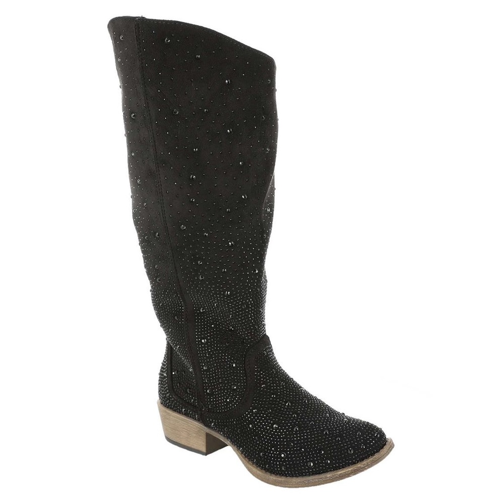 Very G Tall Black Crystal Wide Calf Cowgirl Boots
